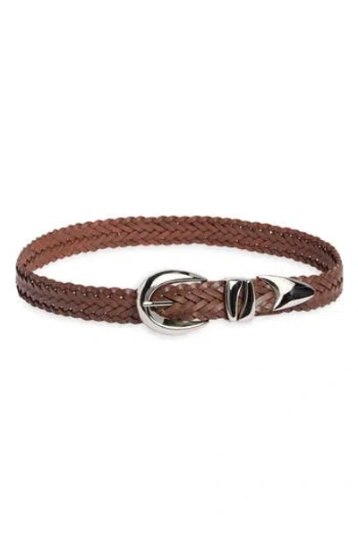 Vince Camuto Sculptural Buckle Woven Leather Belt In Brown