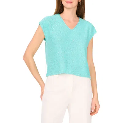Vince Camuto Sequin Accent Short Sleeve Sweater In Pale Teal Shine