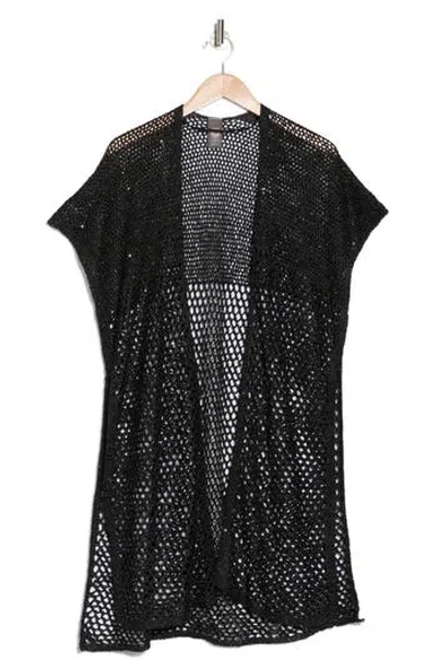 Vince Camuto Sequin Embellished Open Knit Short Sleeve Duster In Black