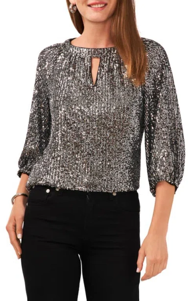 Vince Camuto Sequin Keyhole Neck Blouse In Grey