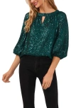 Vince Camuto Sequin Keyhole Neck Blouse In Dark Green