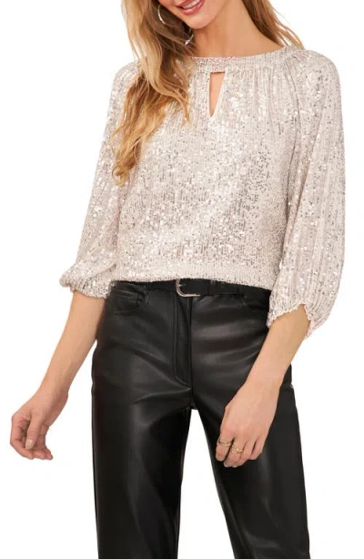 Vince Camuto Sequin Keyhole Neck Blouse In Silver