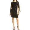 Vince Camuto Sequin Long Cape Sleeve Sheath Cocktail Dress In Black
