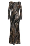 Vince Camuto Sequin Low Back Long Sleeve Gown In Brown