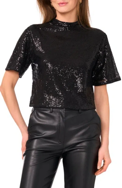 Vince Camuto Sequin Mesh Short Sleeve Top In Black