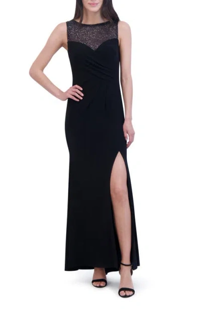 Vince Camuto Sequin Mesh Yoke Column Gown In Black