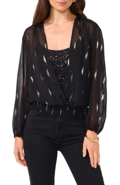 Vince Camuto Sequin Metallic Surplice Long Sleeve Top In Rich Black