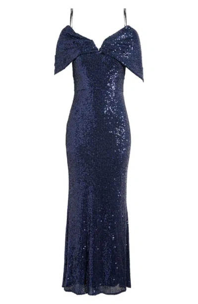 Vince Camuto Sequin Off The Shoulder V-neck Stretch Dress In Navy