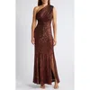 Vince Camuto Sequin One-shoulder Sheath Gown In Brown