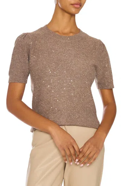 Vince Camuto Sequin Puff Sleeve Crewneck Sweater In Brown