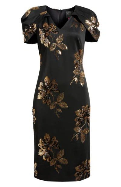 Vince Camuto Sequin Puff Sleeve Satin Sheath Dress In Multi