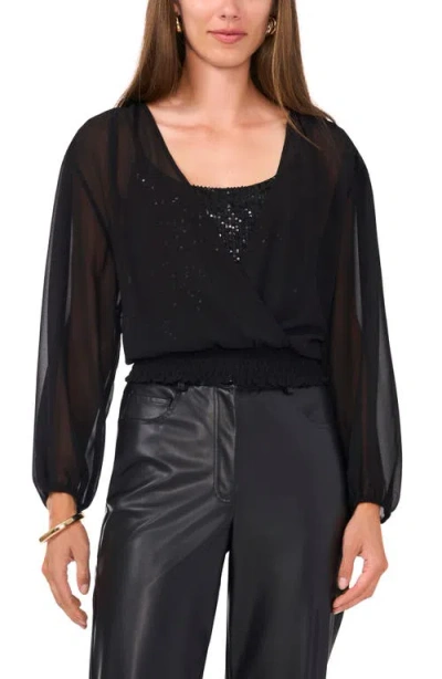 Vince Camuto Overlap Sequin Cami Long Sleeve Blouse In Rich Black