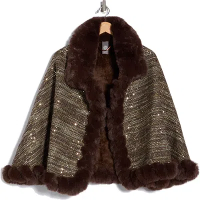 Vince Camuto Sequin Tweed Cape With Faux Fur Trim In Multi
