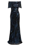 Vince Camuto Sequin Wave Off The Shoulder Gown In Blue