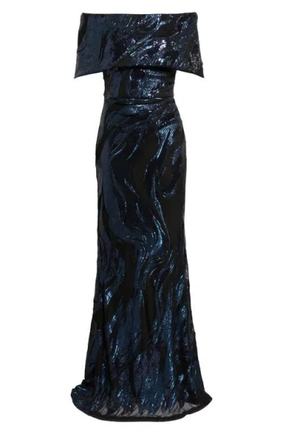 Vince Camuto Sequin Wave Off The Shoulder Gown In Blue