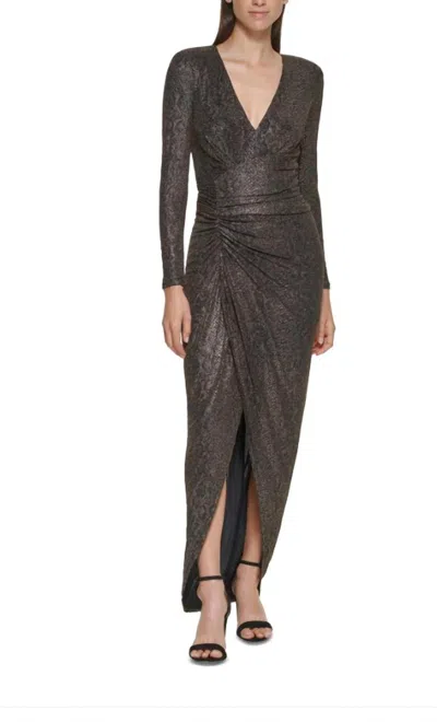 Vince Camuto Shimmer Long Sleeve Gown In Gold And Black Shimmer In Brown