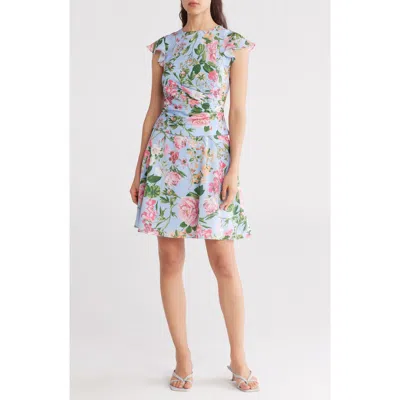 Vince Camuto Shirred Flutter Sleeve Dress In Blue Multi