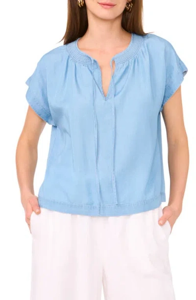 Vince Camuto Shirred Tie Neck Chambray Top In Purple