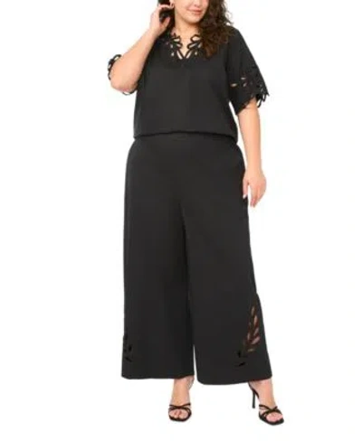 Vince Camuto Short Sleeve Embroidered Neckline Wide Leg Pant In Black