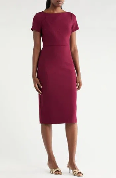 Vince Camuto Short Sleeve Stretch Crepe Midi Sheath Dress In Burgundy