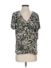 Vince Camuto Short Sleeve Top Tan Animal Print Pattern V Neck Tops In Black