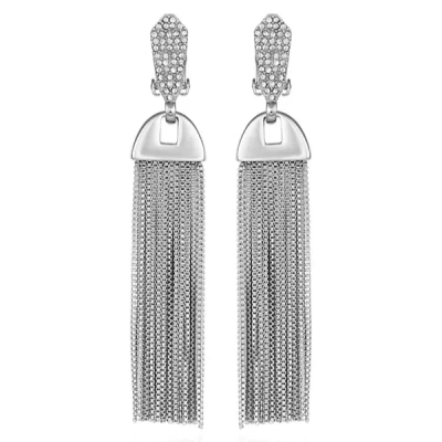 VINCE CAMUTO SILVERTONE PAVE TASSEL DROP CLIP ON EARRINGS