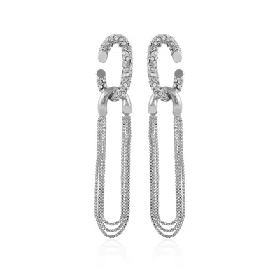 VINCE CAMUTO SILVERTONE TASSEL CHAIN HUGGIE HOOP DROP EARRINGS