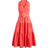 Vince Camuto Petite Cotton Belted Sleeveless Tiered Midi Dress In Red