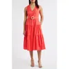 Vince Camuto Sleeveless Belted Tiered Cotton Midi Dress In Orange