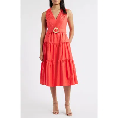VINCE CAMUTO VINCE CAMUTO SLEEVELESS BELTED TIERED COTTON MIDI DRESS