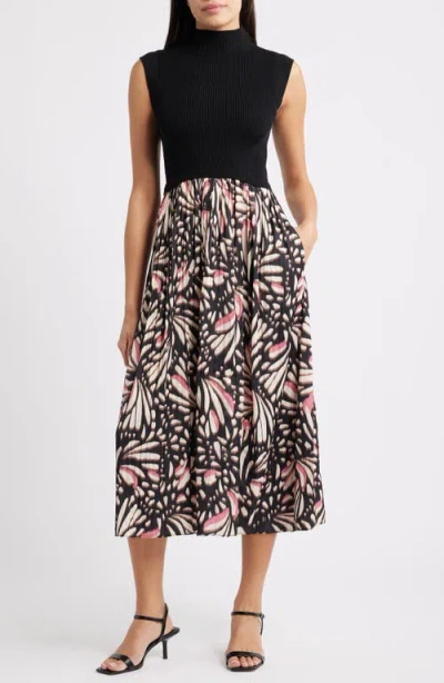 Vince Camuto Sleeveless Mixed Media Midi Dress In Black