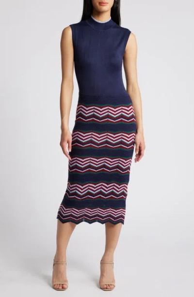 Vince Camuto Sleeveless Mock Neck Body-con Sweater Dress In Navy Multi