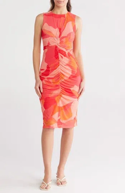 Vince Camuto Sleeveless Ruched Mesh Body-con Dress In Pink Multi