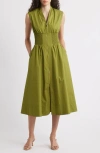 Vince Camuto Smock Waist Cotton Midi Dress In Olvive