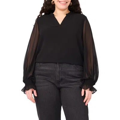 Vince Camuto Split Neck Sheer Long Sleeve Chiffon Top In Black