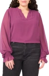 Vince Camuto Split Neck Sheer Long Sleeve Chiffon Top In Purple