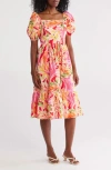 Vince Camuto Square Neck Puff Sleeve Cotton Midi Dress In Pink Multi