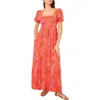 Vince Camuto Square Neck Puff Sleeve Empire Waist Maxi Dress In Orange Multi