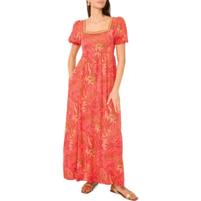 Vince Camuto Square Neck Puff Sleeve Empire Waist Maxi Dress In Orange Multi
