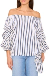 Vince Camuto Stripe Off The Shoulder Linen Blend Bubble Sleeve Top In Multi