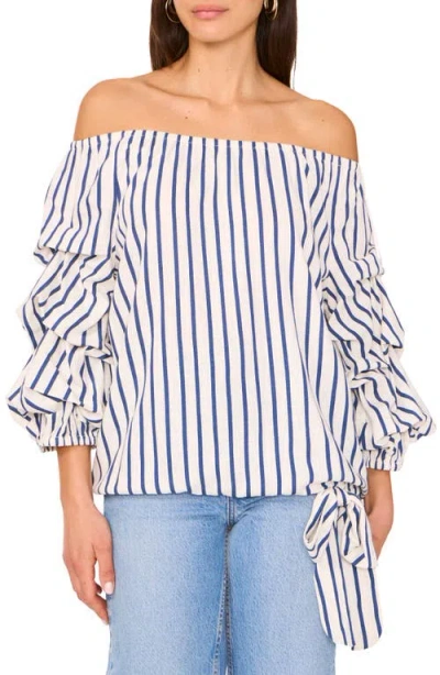 VINCE CAMUTO VINCE CAMUTO STRIPE OFF THE SHOULDER LINEN BLEND BUBBLE SLEEVE TOP