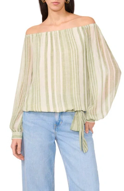 Vince Camuto Stripe Off The Shoulder Tie Hem Top In Eucalyptus