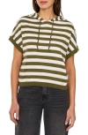 Vince Camuto Stripe Short Sleeve Hooded Sweater In Olive Oasis
