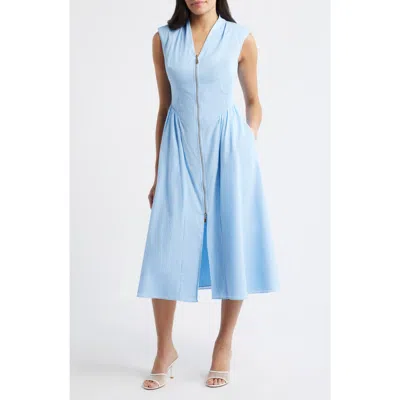 Vince Camuto Stripe Zip Front Sleeveless Midi Dress In Blue