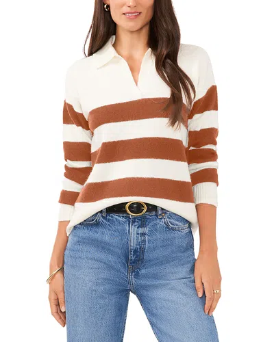 Vince Camuto Striped Long Sleeve Polo Shirt In Antique White/cocoa