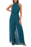 Vince Camuto Tie Neck Chiffon Overlay Wide Leg Jumpsuit In Blue