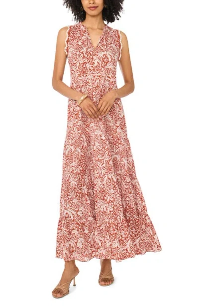 Vince Camuto Sleeveless Tiered Maxi Dress With Combo Crochet Lace Trim In Pink