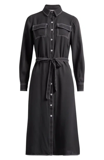 Vince Camuto Tie Waist Long Sleeve Midi Shirtdress In Black