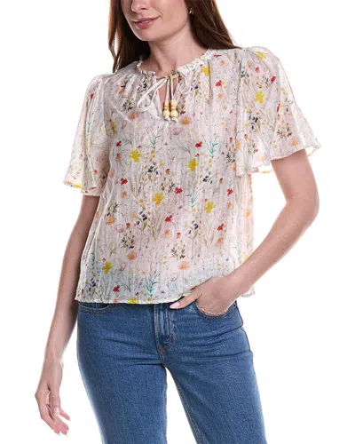 Vince Camuto Tie-front Princess Sleeve Linen-blend Blouse In Multi