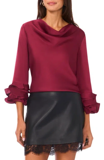 Vince Camuto Tiered Ruffle Sleeve Satin Top In Burgundy